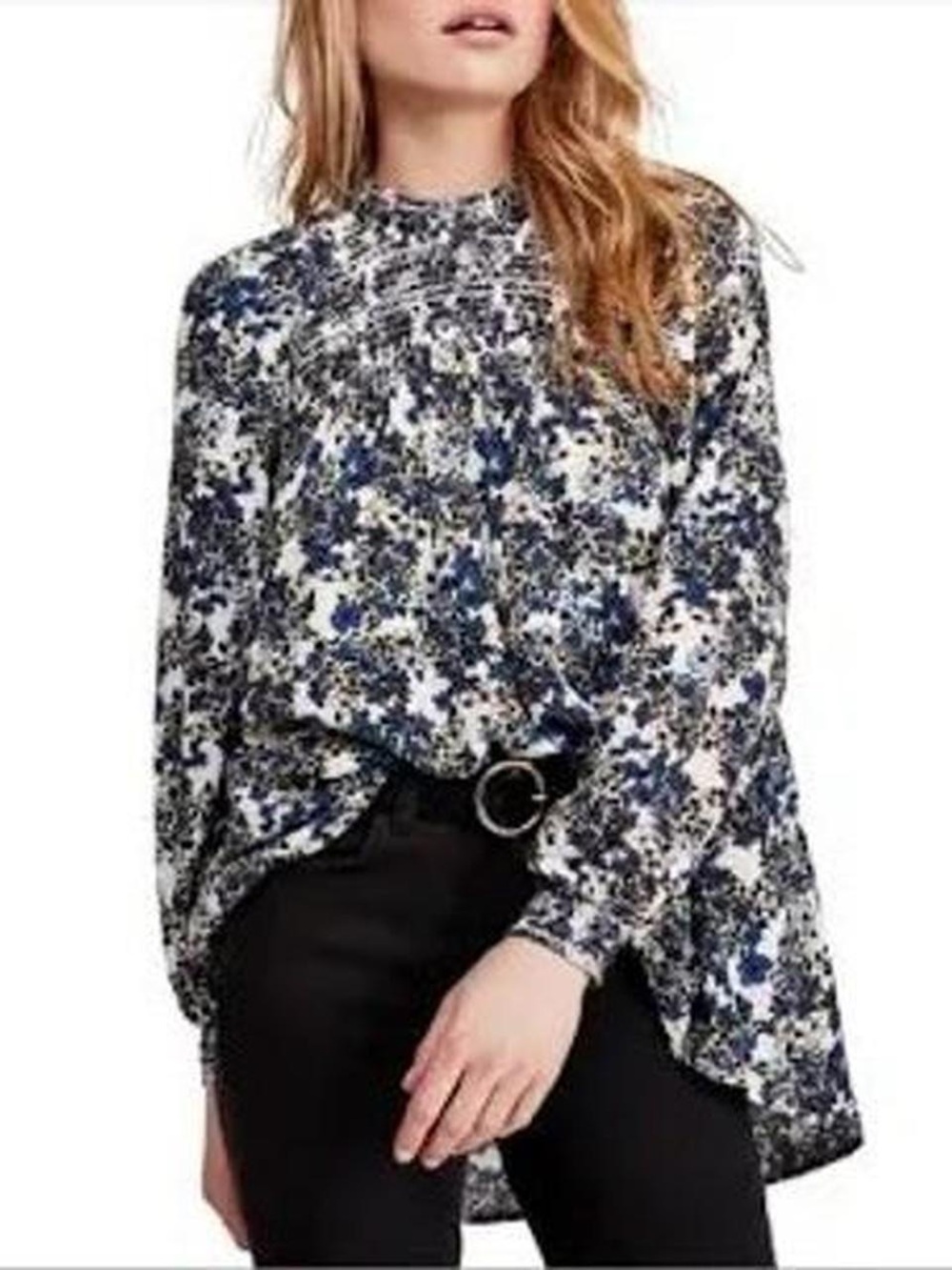 Free People Navy & White Floral Smocked Tunic Shirt Dress